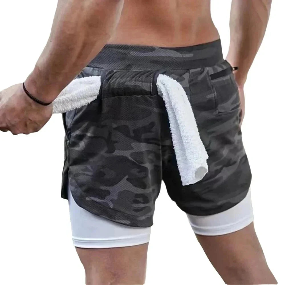 Men’s 2-in-1 Camo Running Shorts — Quick-Dry Gym Fitness Training Shorts