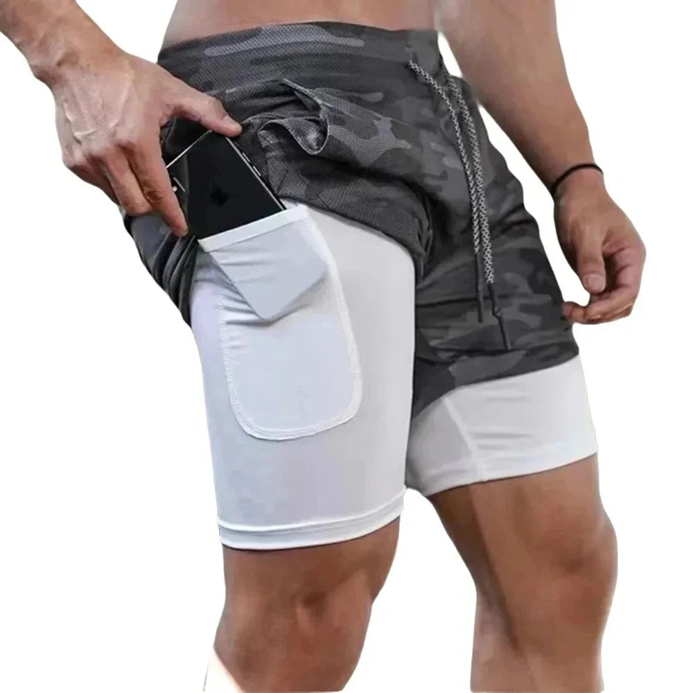 Men’s 2-in-1 Camo Running Shorts — Quick-Dry Gym Fitness Training Shorts